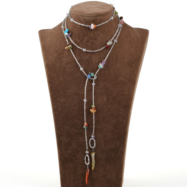 Multi gemstone shell crystal long necklace