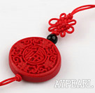 Cinnabar pendant,6*28mm flat round ,with the carved chinese characters,chinese knot,Red,Sold by each