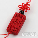 Cinnabar pendant,8*15*30mm rectangle,carved with the chinese characters,with chinese knot,Red,Sold by each