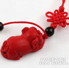Cinnabar pendant,10*15*30mm,lucky pig ,with chinese knot,Red,Sold by each