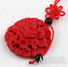 Cinnabar pendant,6835mm round,carved with the flower,with chinese knot,Red,Sold by each