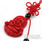 Cinnabar pendant,6*20*28mm smile Buddha with chinese knot,Red,Sold by each
